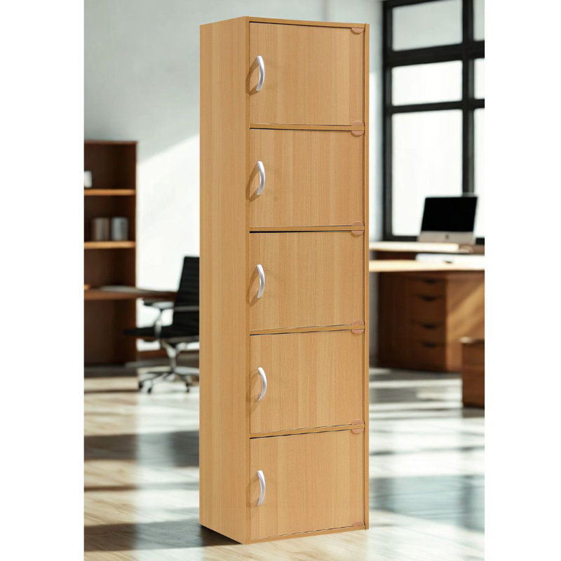 5-Doors, 5-Shelf Bookcase 59 in. Tall Enclosed Storage 5-Tier Bookshelf for Home or Office, Beech