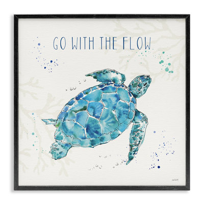 Go with the Flow Quote Turtle Tortoise Blue Green Watercolor by Anne Tavoletti - Graphic Art Print