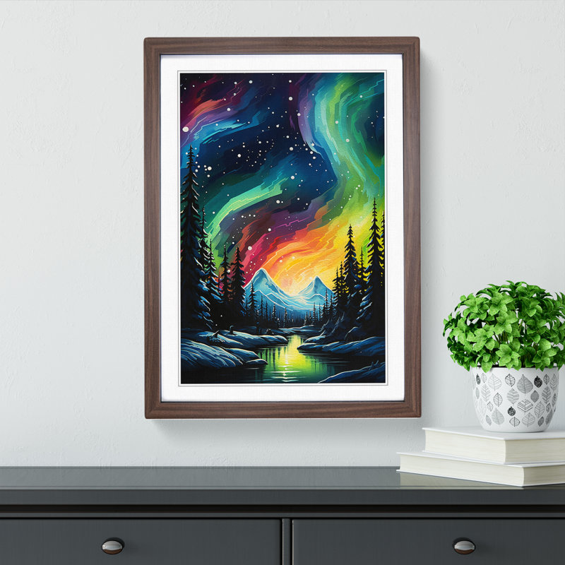 Northern Lights Modern No.3 - Single Picture Frame Print on Wood, Walnut, 64cm H x 46cm W x 2cm D