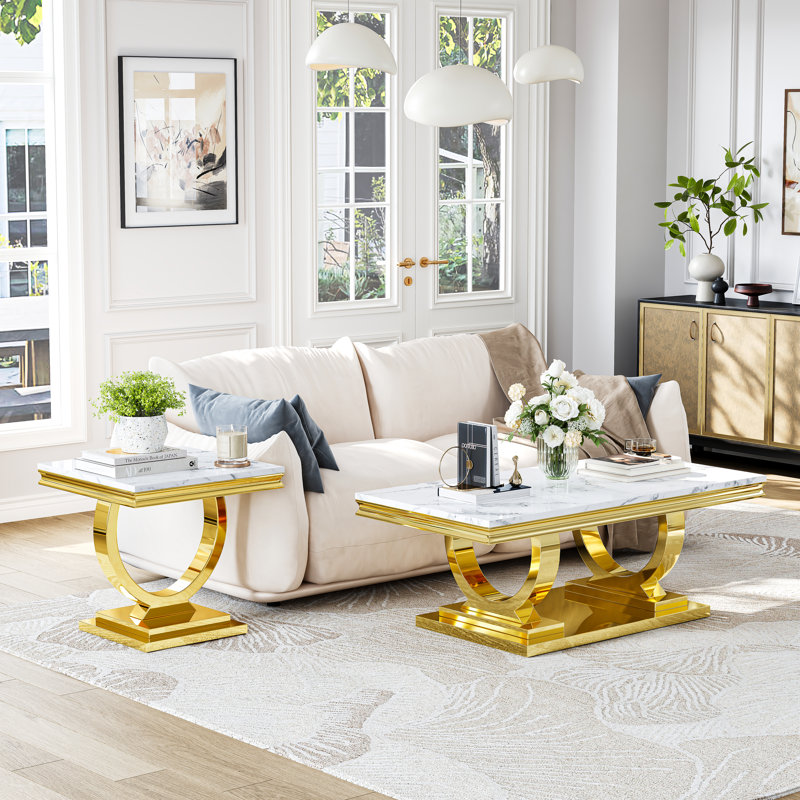 Table de bout moderne 22,83 po avec base en acier inoxydable, Blanc, Doré