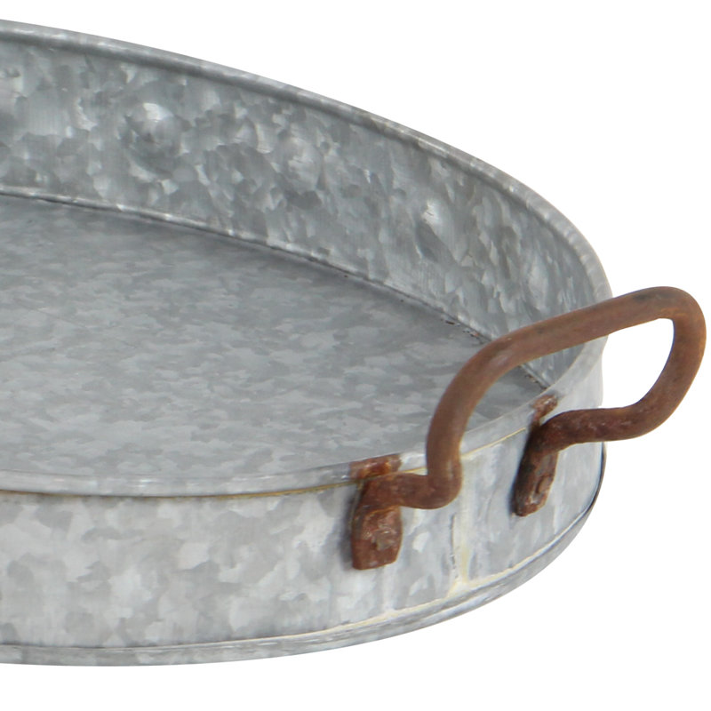 Costin Metal Galvanized Oval Decor Gray Tray with Rust Handles Set