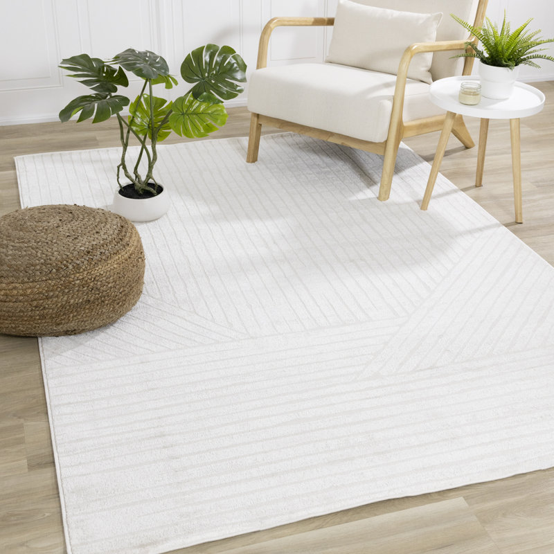 Neutral Cream Subtle Lines Performance Farmhouse Area Rug, Rectangle 7'10" x 10'6"