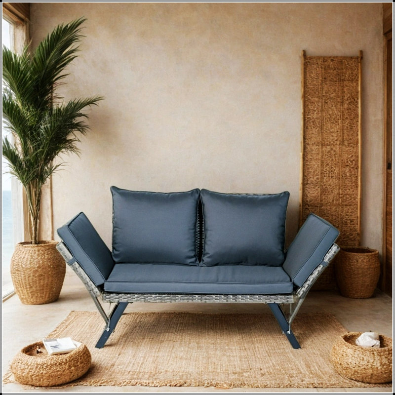 Banc en osier pliable durable pour la terrasse et la cour, siège extérieur élégant et confortable avec rotin résistant aux intempéries