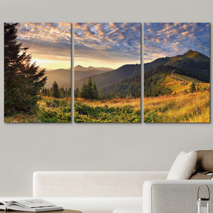 SIGNLEADER Sunset Over Green Mountain Forest Nature Zen On Canvas 3 ...