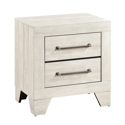 Table de chevet contemporaine en chêne gris avec 2 tiroirs et de jolies poignées argent antique