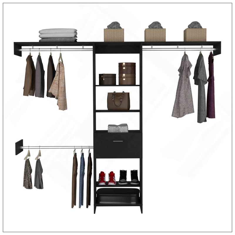 Closet System, One Drawer, Three Metal Rods, Five Open Shelves, Black