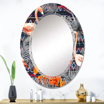 Flamant rose et fleurs exotiques oranges - Miroir mural à motif ovale