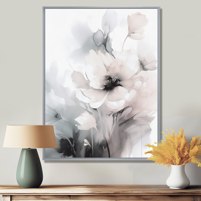 Douces fleurs gris clair I - art mural floral, H 32 po x l 24 po, Encadrement argenté