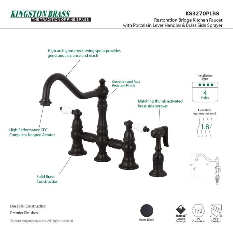Kingston Brass Restoration Two-Handle 4-Hole Deck Mount Bridge Kitchen Faucet with Brass Side Sprayer, Matte Black