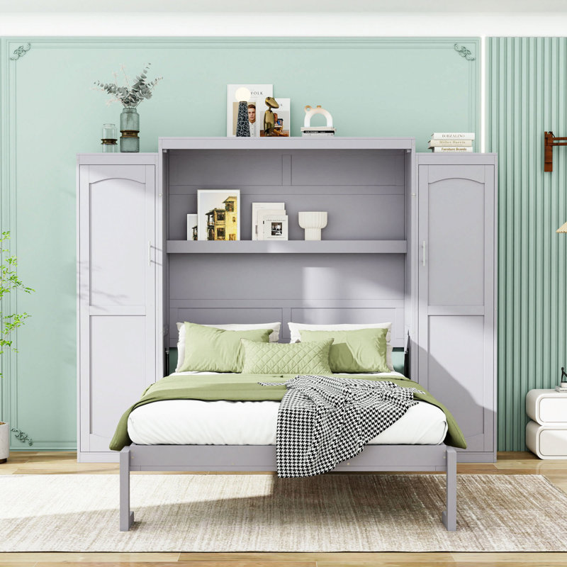 Lit escamotable en bois avec placards et rangement, gris, Complète