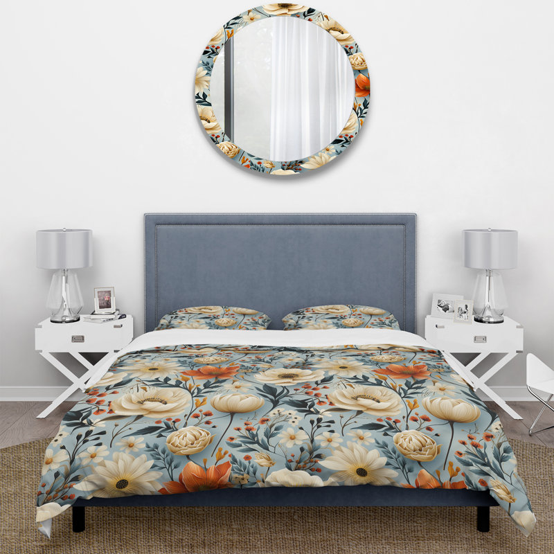 Boho Blue And White Floral Garden II - Floral Duvet Cover Set, King Duvet Cover + 2 King Shams