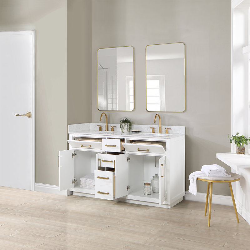 Ensemble de meuble-lavabo double avec miroir Gavino, Blanc, Doré, 60"