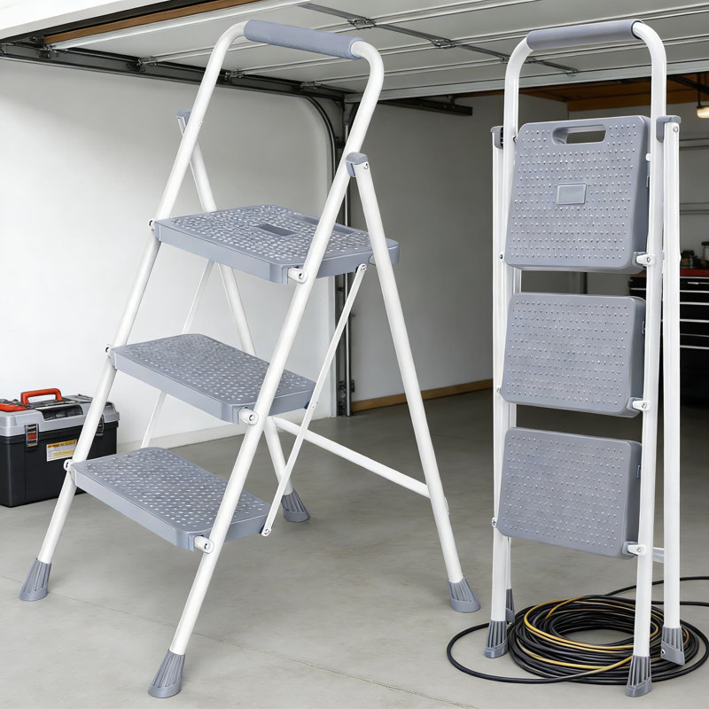 Escabeau pliant robuste avec pédales antidérapantes et main courante, escabeau portable à 3 marches pour la maison, la cuisine, le garage et l'extérieur, supporte 800 lb