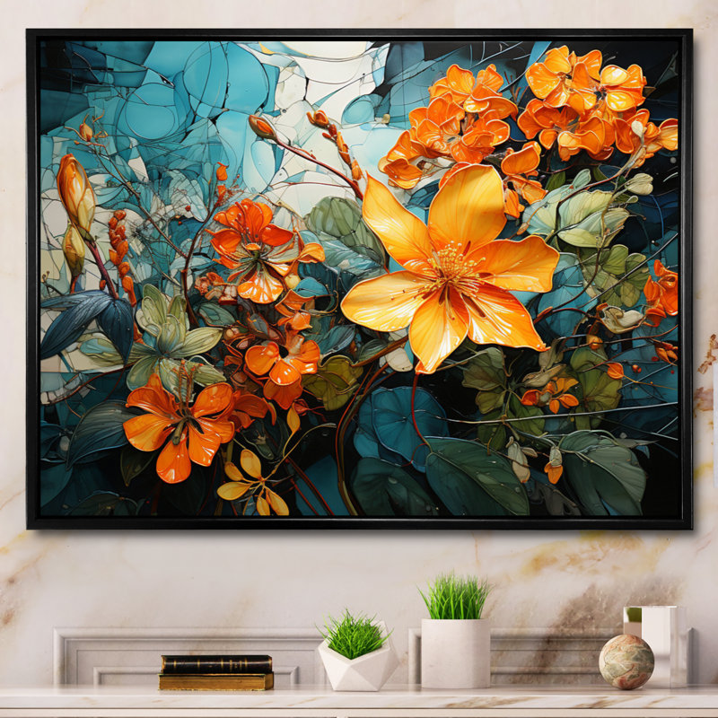 «Makhach Orange Blue Tropical Tangle IV», reproduction sur toile, H 30 po x l 40 po x P 1,5 po, Cadre flottant noir