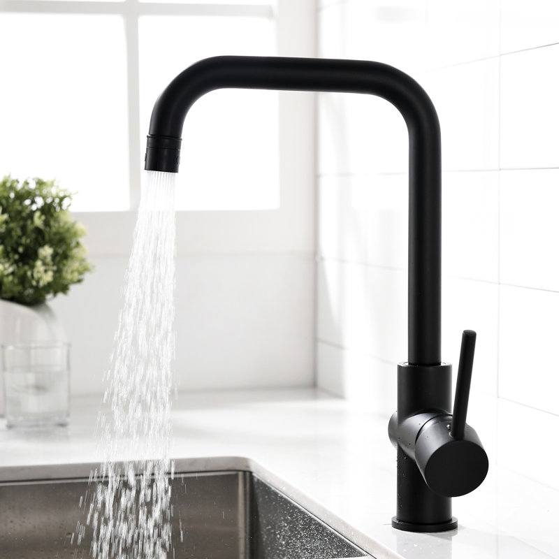 Robinet d'évier de cuisine noir monocommande à une poignée avec accessoires d'installation Levier en nickel brossé pour les maisons et les bureaux