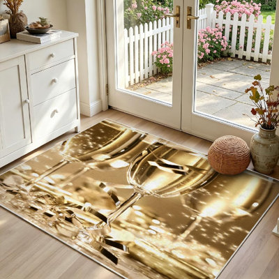 Tapis d'intérieur lavable à la machine, couleur or, pailleté champagne, à bords cannelés