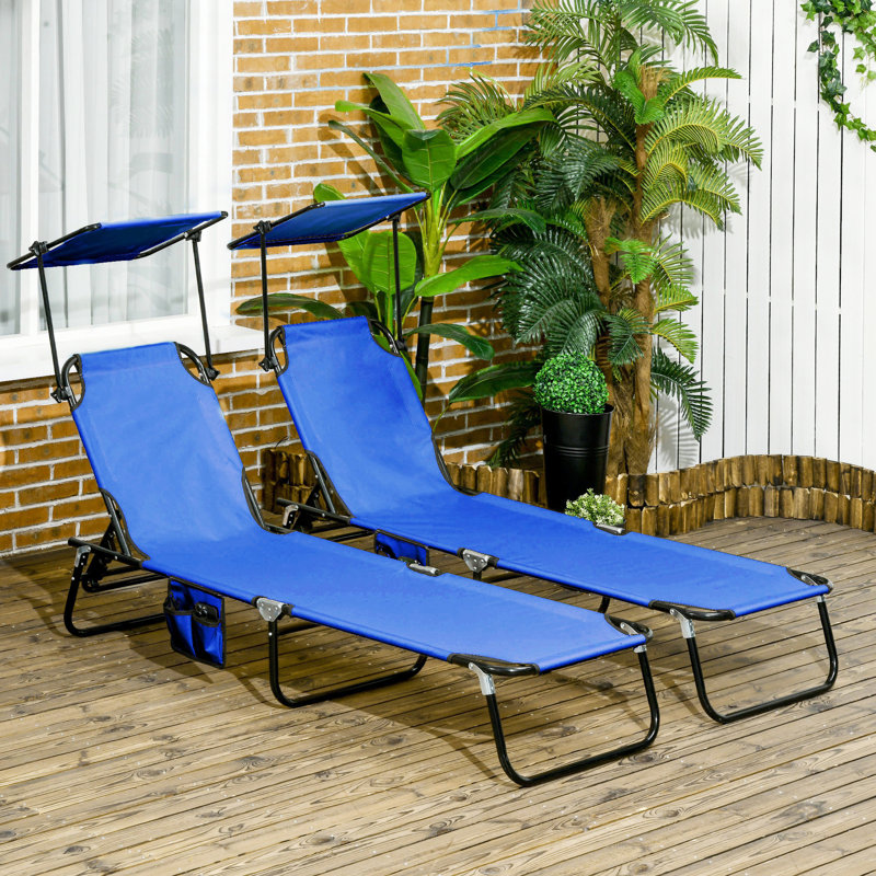 Beach Sun Tanning Chairs - Blue Foldable With Adjustable Angle Folding Sunshade And Reclining Back , Steel Frame, Side Pocket For Tanning, Beach, Yard, Patio