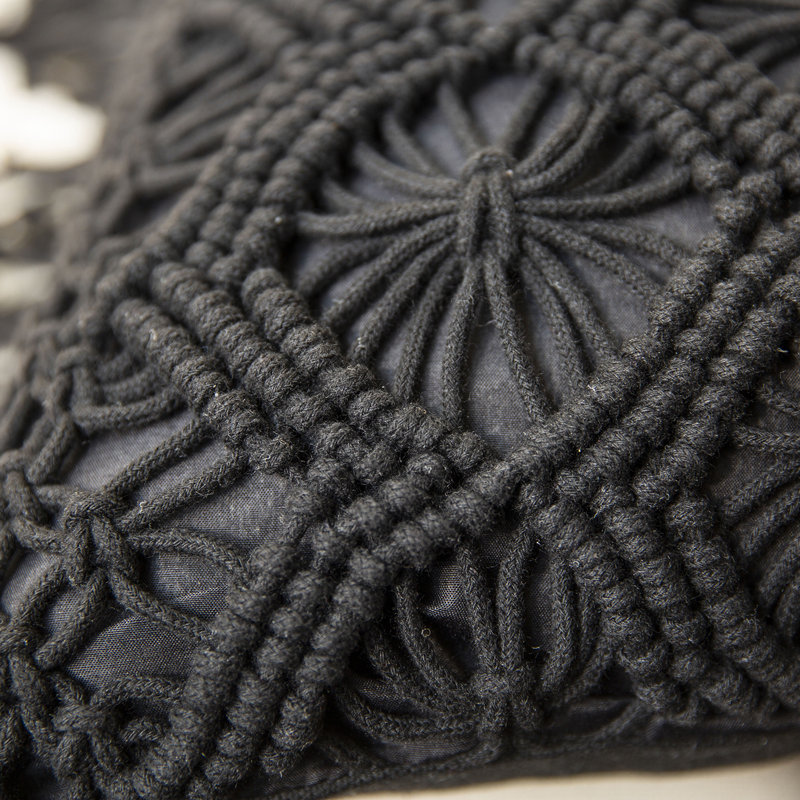 Black Cotton Handmade Crochet Square Throw Pillow with Tassels, 18" x 18"