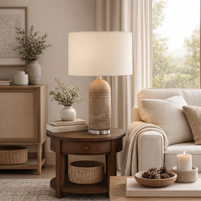 Ratty Table Lamp With Sculpted Base, Brown Resin, Beige Linen Shade