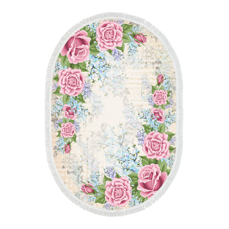 Tapis ovale en polyamide tissé à la machine rose / vert / bleu, Ovale 5 pi 3 po x 7 pi 7 po