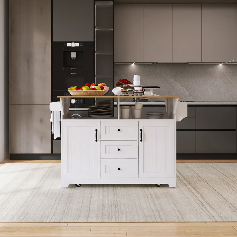 Grand îlot de cuisine en MDF de 55,7 po avec 2 abattants, Blanc
