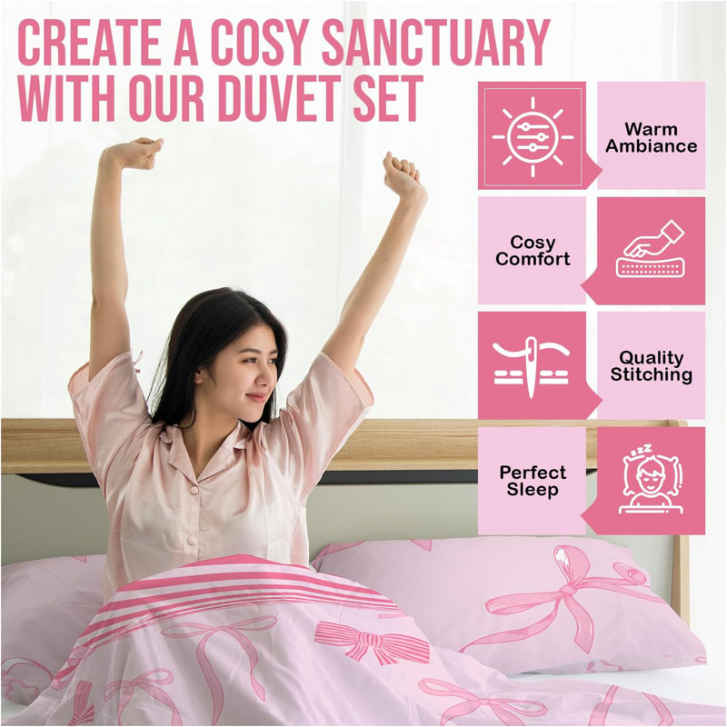 Bows Duvet Cover Set with Pillowcases - Soft Touch Polycotton Bedding - Single Double King Machine Washable, Double