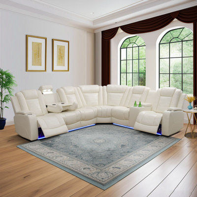 Off-White Faux Leather 3-Piece Power Reclining Sectional Sofa Set with Storage Console, Cup Holders, USB Ports, Wireless Charging, and LED Lighting