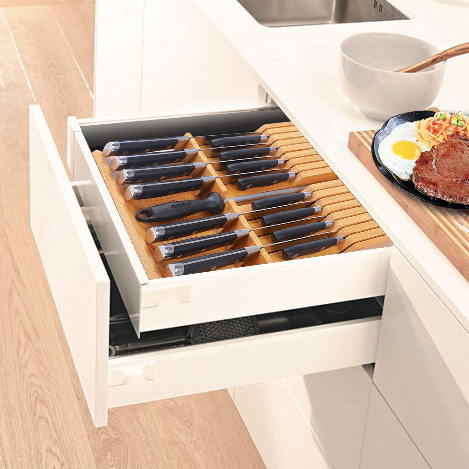 In-Drawer Knife Organizer Bamboo knife block, Drawer Knife Storage Steak  Knife Holder Without Knives,Holds up to 5 Knives(Not Include)