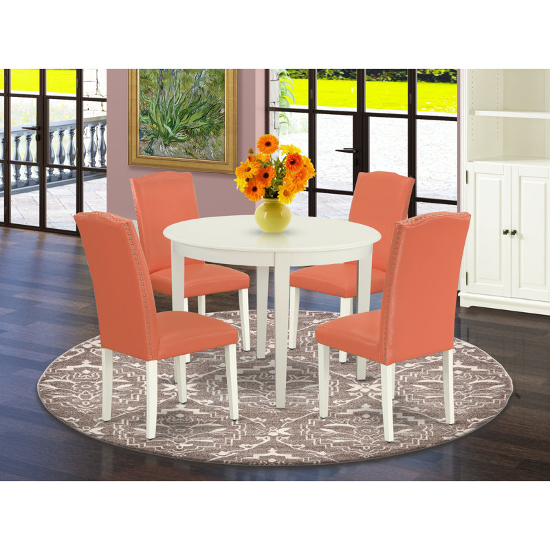 Ensemble de 5 pièces pour coin-repas pour 4 personnes comprenant une table de salle à manger ronde et 4 chaises Parson rembourrées en simili cuir rose Flamingo, 42 x 42 po, lin blanc