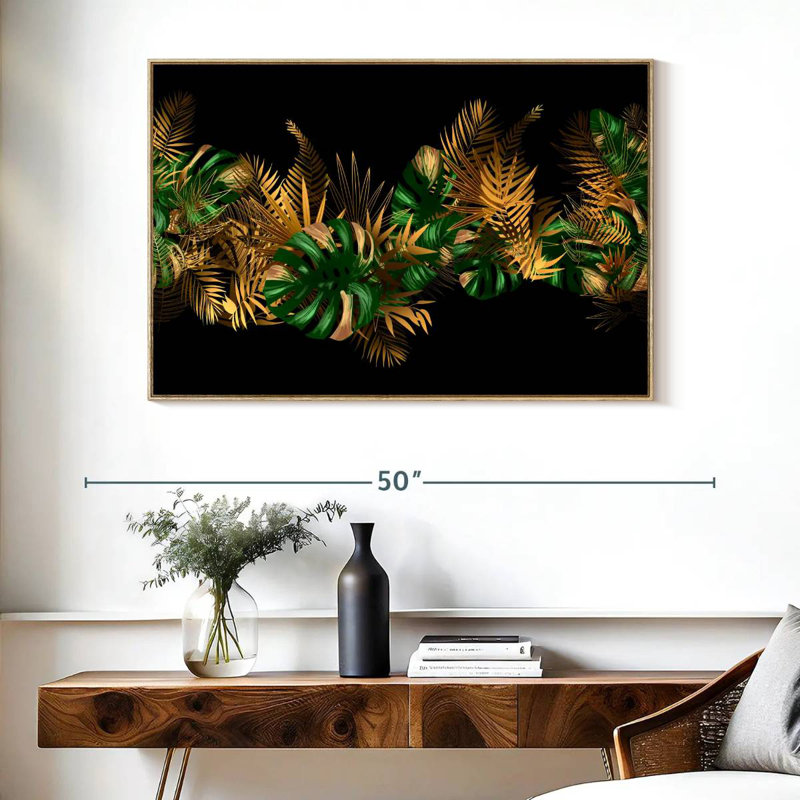 Feuilles dorées et vertes, Cadre flottant en bois naturel, 40 po x 27 po