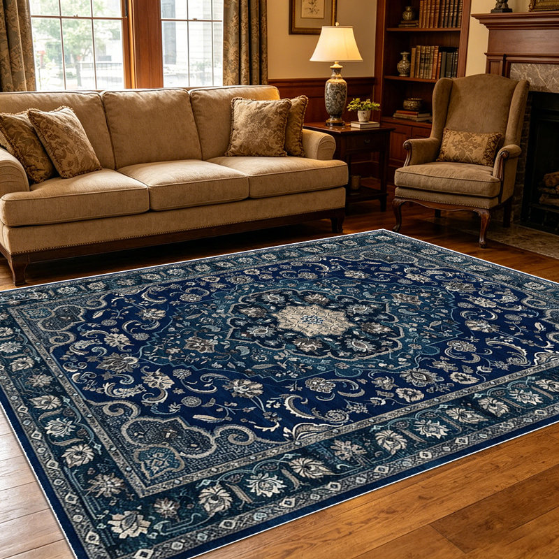 1PC Vintage Persian Medallion Navy Blue Floral area rugs for Living Room, Soft and Comfortable, Suitable for all seasons, easy-to-maintain, machine washable Indoor floor mat, Under Table Farmhouse suitable for dining table, bedroom, entryway,