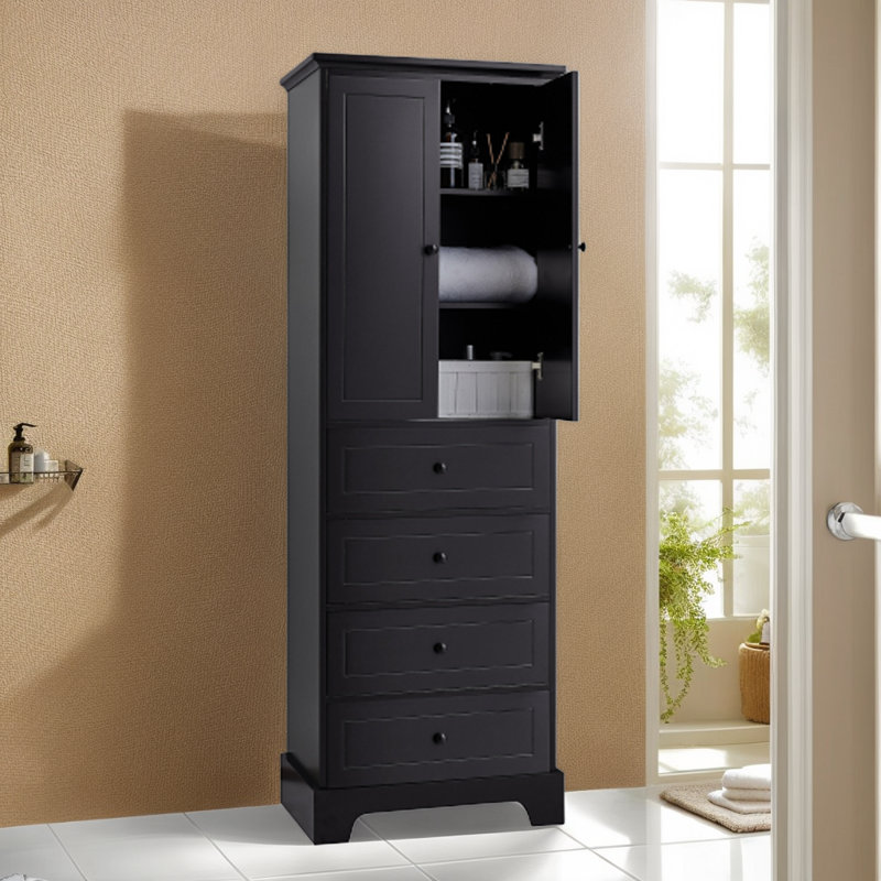 Storage Cabinet with 2 Doors and 4 Drawers for Bathroom, Office, Adjustable Shelf, MDF Board with Painted Finish,, Black