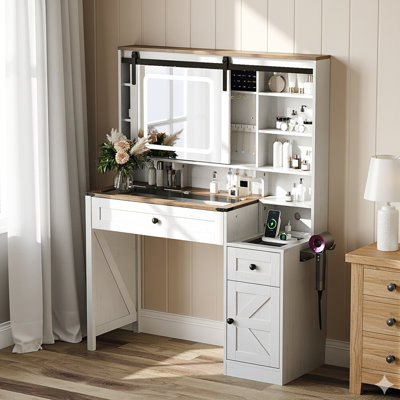 Washed White + Vintage Brown Desktop, Particle Board, Melamine Veneer, 2 Drawers And 1 Door, Glass Desktop, Barn Door Style Dressing Table, LED Three- by Latitude Run