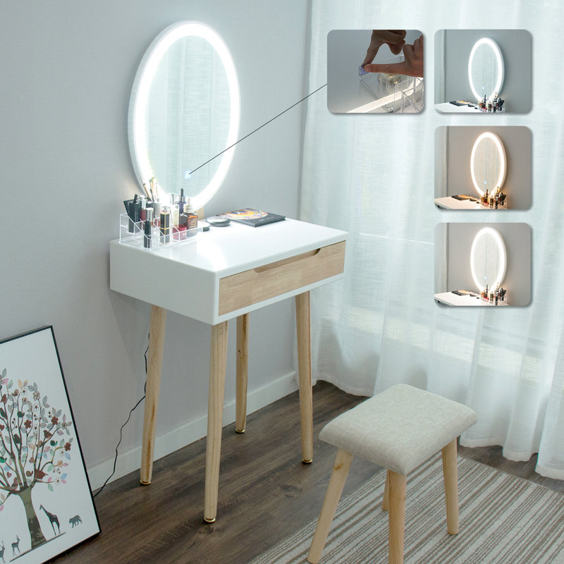Leicester Vanity Table Set with Adjustable Brightness Mirror and Cushioned Stool, Wood/White