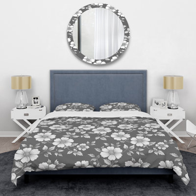 Grey White Floral Blooms III - Transitional Duvet Cover Set