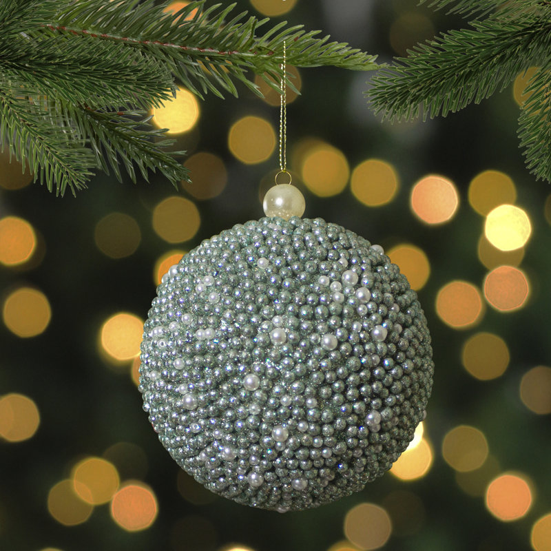 Ornement boule de Noël perlée vert scintillant 4 po