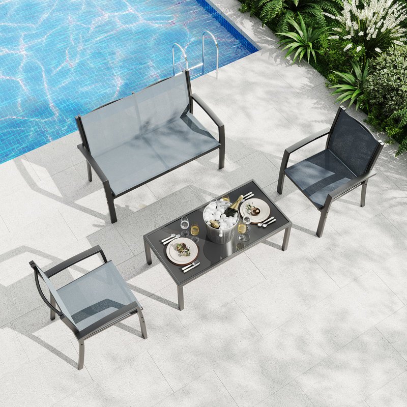 4-Piece Patio Bistro Set – Outdoor Conversation Set with Loveseat, 2 Chairs & Glass Table – All-Weather Textilene Fabric & Steel Frame Furniture for Backyard, Poolside, Porch - Gray