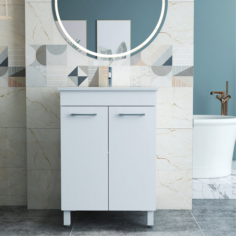 Meuble-lavabo de 24 po avec lavabo, portes doubles avec charnières à fermeture en douceur, armoire de salle de bain avec tablette ajustable, poignée en métal, lavabo en céramique, pieds argent réglables