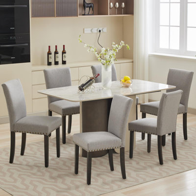 Modern Parsons‑Style Linen Dining Chairs, High‑Back Side Chairs with Nailhead Trim, Padded Cushion & Sturdy Tapered Wood‑Grain Legs for Kitchen and Dining‑Room