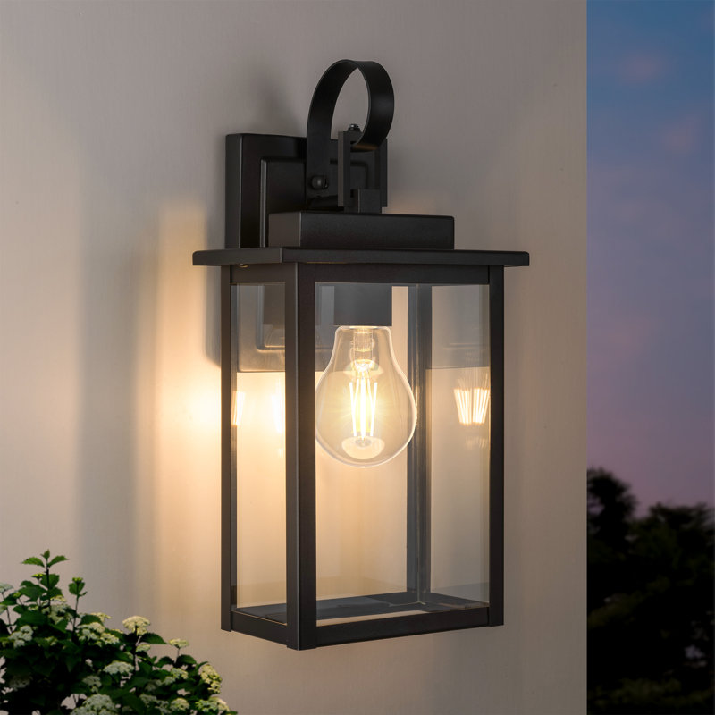 1 - Light 15''H Black Iron Tempered Glass 𝗜𝗻𝗰𝗹𝘂𝗱𝗲𝘀 𝗕𝘂𝗹𝗯 ETL Outdoor Wall Light with Dusk to Dawn, Matte Black
