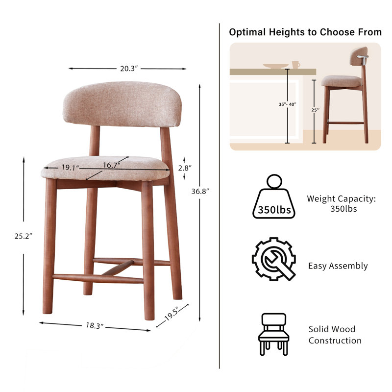 Ensemble de tabourets de bar en bois massif de 3,25 po de couleur kaki de hauteur comptoir, fabriqué en bois massif et en tissu, idéal pour les îlots de cuisine et les bars à domicile