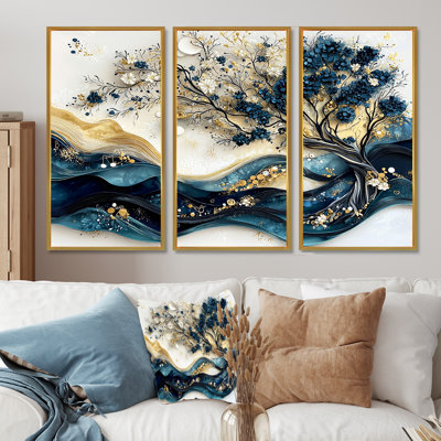 Bleu et blanc, arbre moderne en fleurs III - ensemble d'art mural cerisier en fleurs