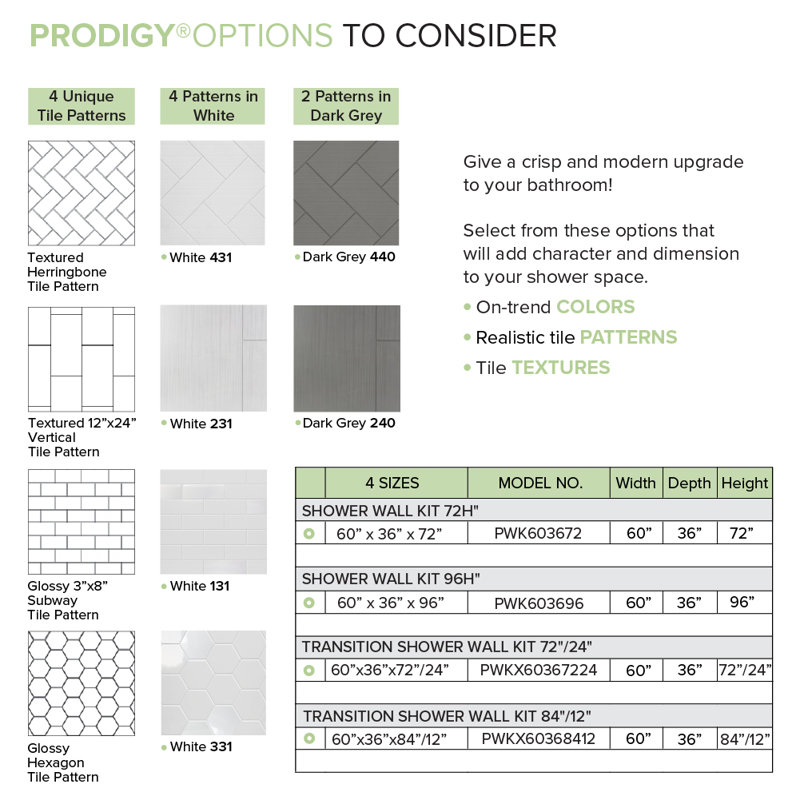 Prodigy 96" High x 60" Wide White Solid Surface Shower Wall