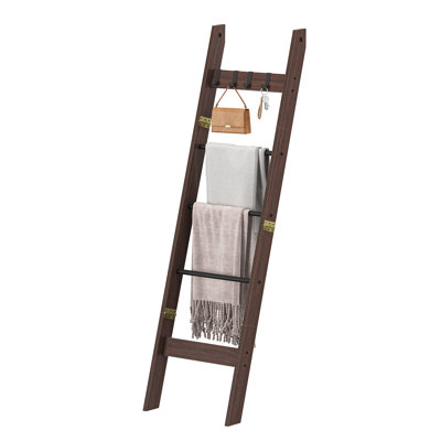 Blanket Ladder for Living Room, Decorative Quilt Rack with 4 Removable Hooks, 5-Tier Farmhouse Ladder Holder Shelf Organizer for Bedroom, Black Tea Brown