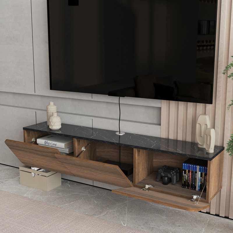 Meuble télé Callysta pour téléviseur de 78 po ou moins, Design marbre noir / bois brun