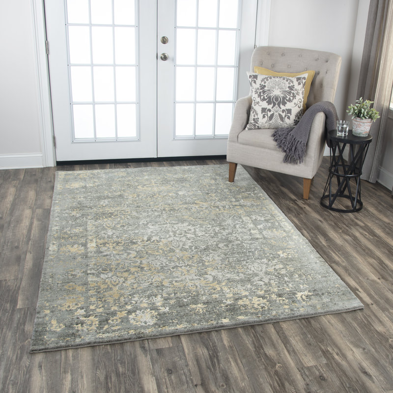 Tapis gris / blanc en laine tissé à la machine Burkes, Rectangle 10 pi x 13 pi