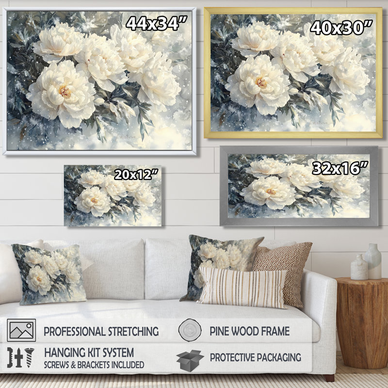 «Snow Draped Peony Blooms II» - pivoines, art mural, H 24 po x l 32 po, Cadre flottant brun