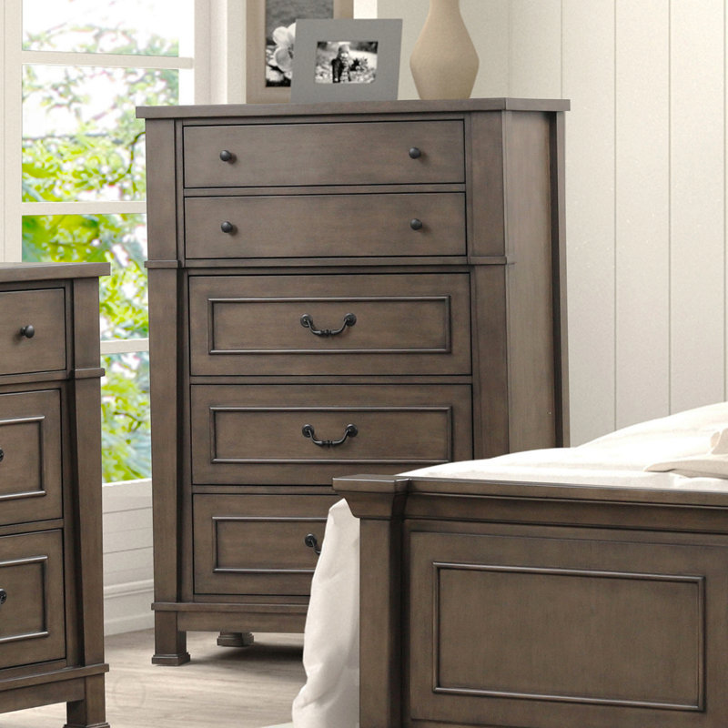 Commode de style transitionnel 1pc Boutons de tiroir à queue d'aronde française et anglaise et poignées suspendues Glissières latérales en métal Finition noyer foncé