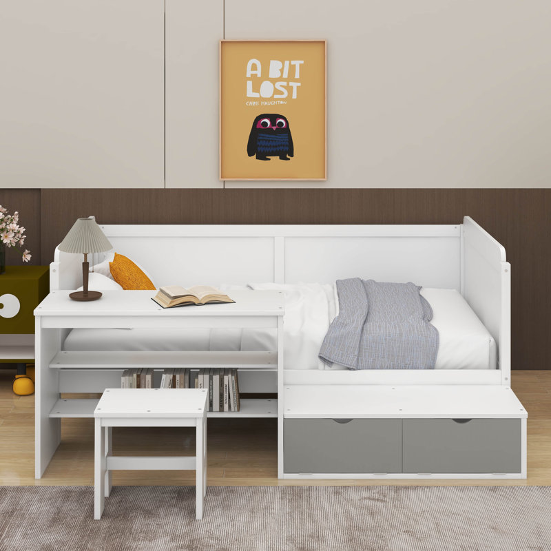 Lit de jour simple avec tablettes de rangement et bureau, Blanc