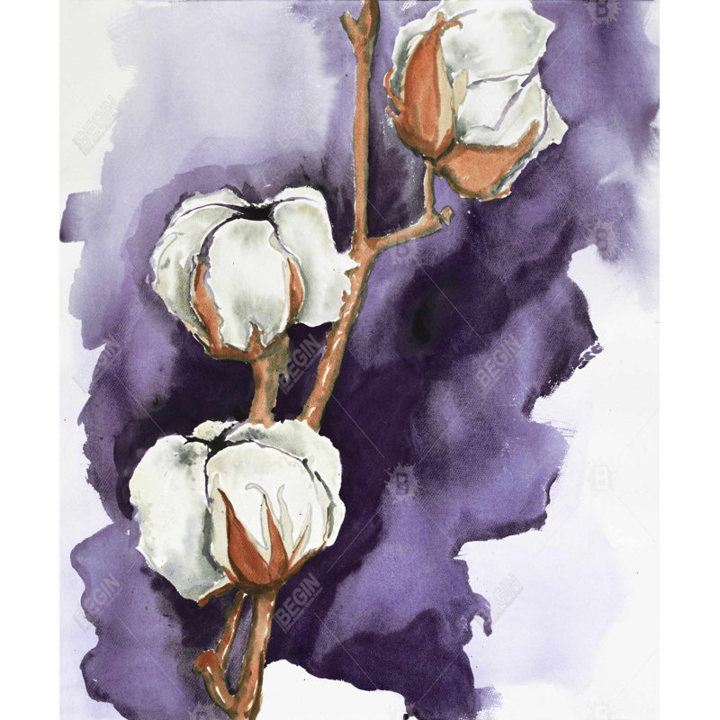Fleurs de coton sur fond mauve | Toile grise décorative encadrée